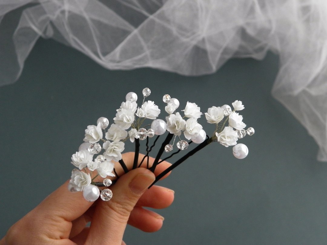 White small flowers hair pins Gypsophila wedding hair clip - 发饰 - 其他材质 白色