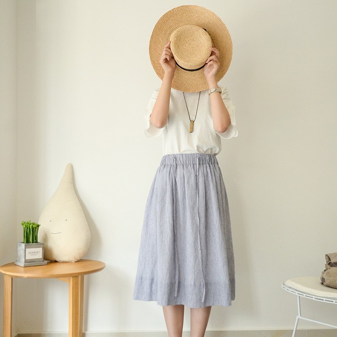 条纹系带摆裙|裙子|半身裙|系带|条纹|夏天的颜色|独立品牌|Sora - 裙子 - 棉 