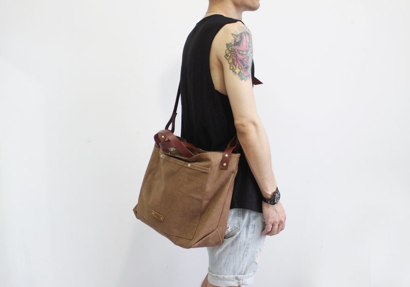 sobag中性复古驼棕色帆布斜挎包男大容量手提包休闲旅行侧背包女 - 侧背包/斜挎包 - 棉．麻 咖啡色