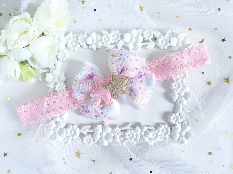 粉色蝴蝶结小星星 婴儿宝宝头带 发带  Baby Headband - 婴儿帽/发带 - 其他材质 