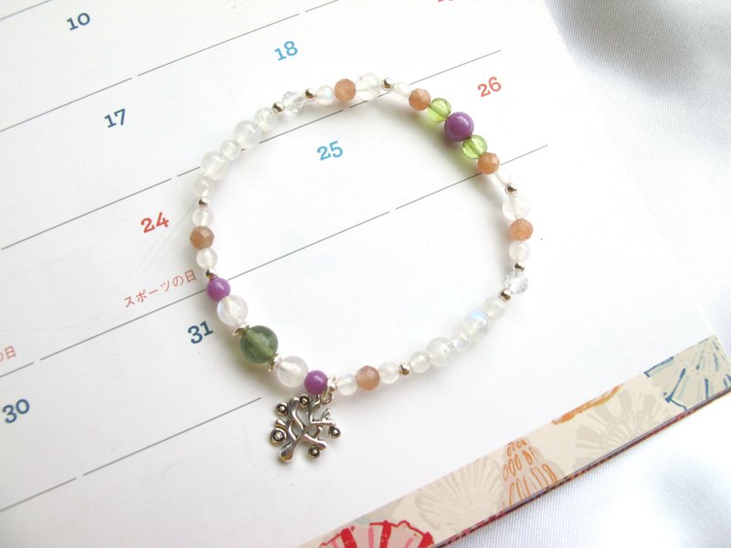 月光石 太阳石 白水晶 磷灰石 紫云母【生命树】 - 手链/手环 - 水晶 绿色