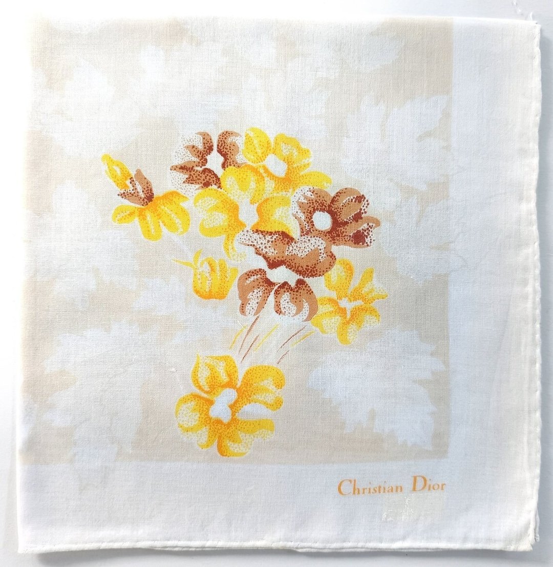 Christian Dior 复古手帕 – 黄棕花卉 17 x 16.5 英寸 - 手帕/方巾 - 棉 卡其色