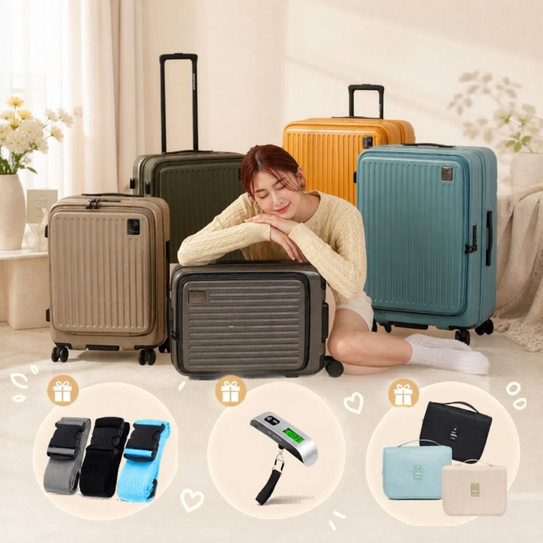 赠旅行三件组【金安德森】28 寸 Traveler 前开式顶规静音轮行李箱 - 行李箱/行李箱保护套 - 塑料 卡其色