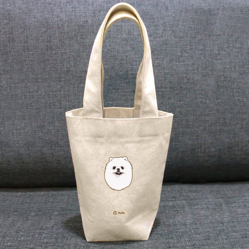 白色博美-大头---台湾制棉麻布-文创柴犬-环保-饮料提袋-苍蝇星球 - 手提包/手提袋 - 棉．麻 白色