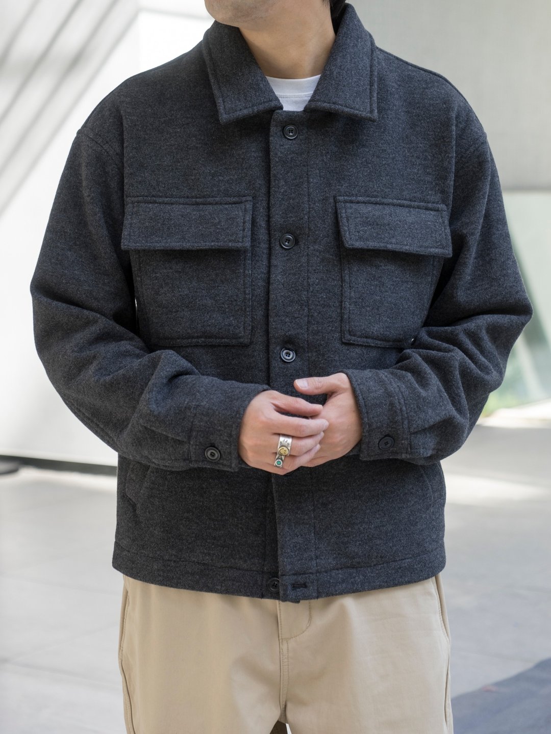 Jacket 日系潮流呢絨翻領保暖外套 冬季厚款多口袋設計工裝夾克 - 男装外套 - 聚酯纤维 灰色