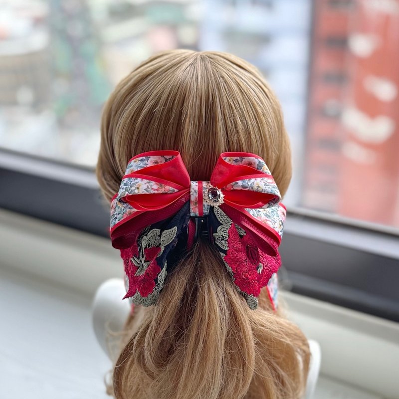 独家蕾丝蝴蝶结相交夹香蕉夹仙女夹发夹-红黑色 - 发饰 - 其他材质 红色