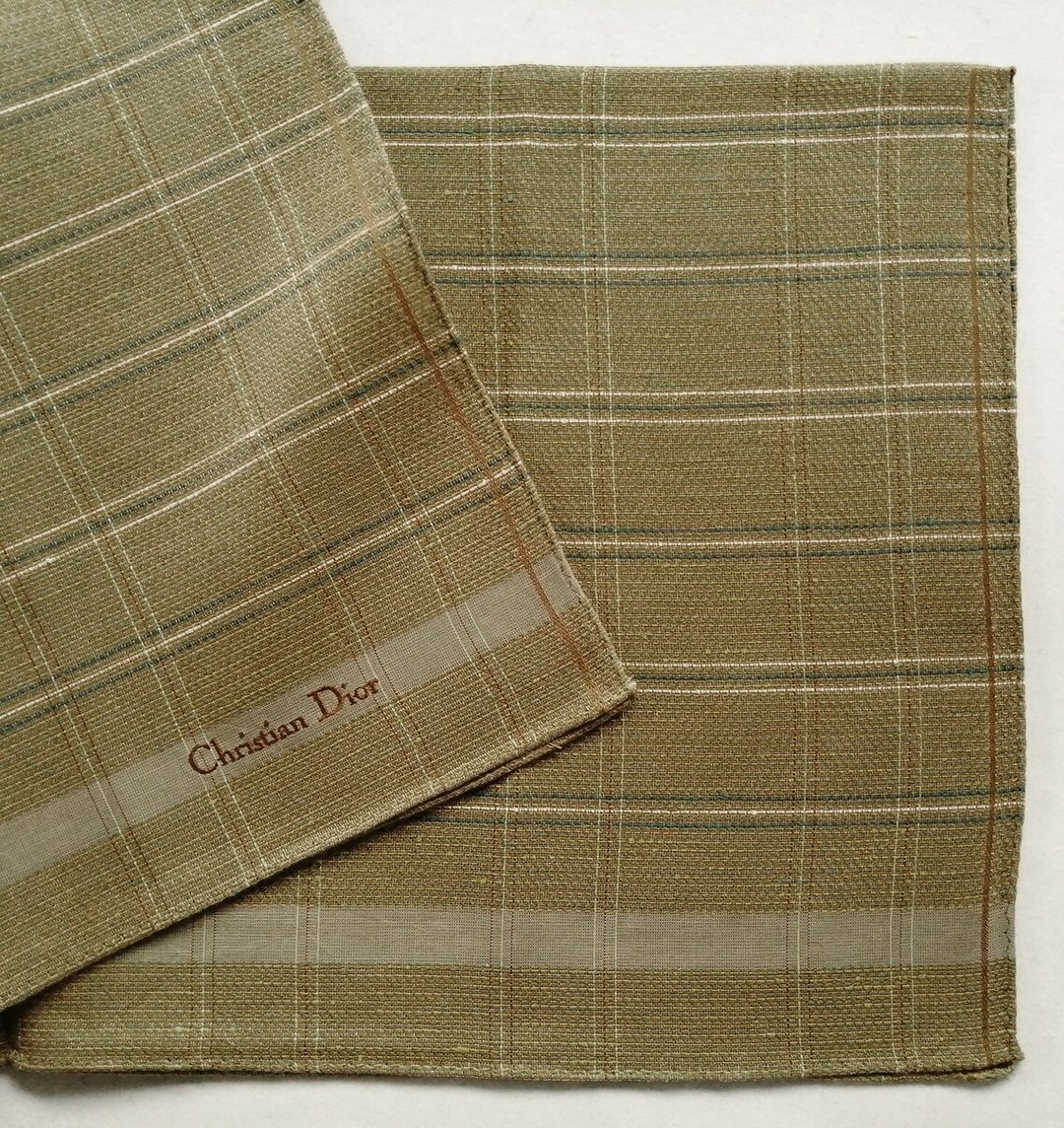 复古 Christian Dior 手帕 缇花格纹 棕色 经典 19 x 19 英寸 - 手帕/方巾 - 棉 卡其色