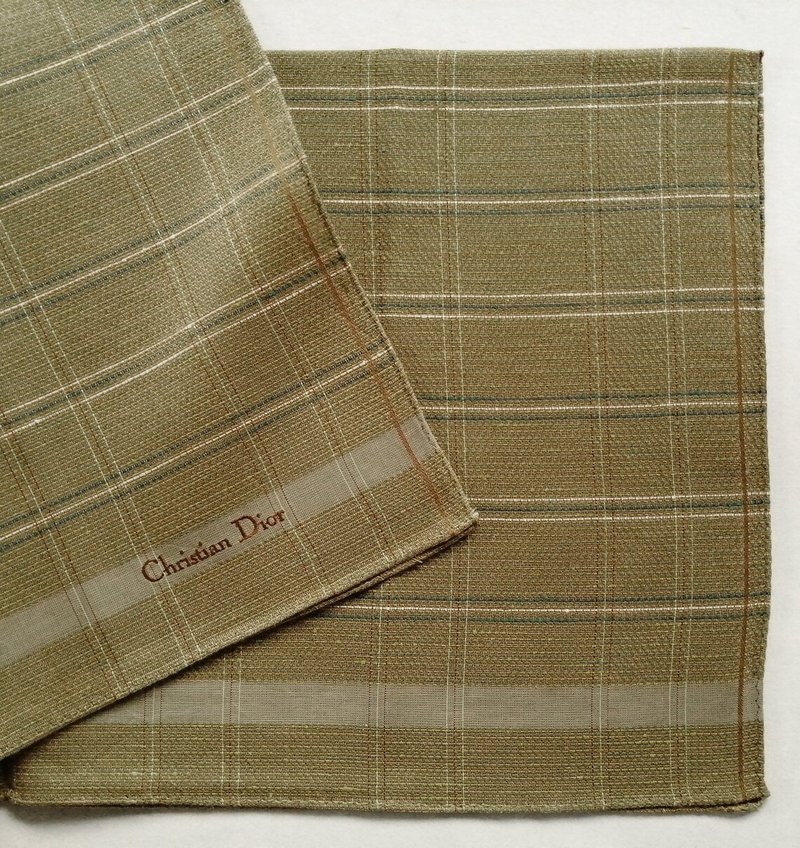 复古 Christian Dior 手帕 缇花格纹 棕色 经典 19 x 19 英寸 - 手帕/方巾 - 棉．麻 卡其色
