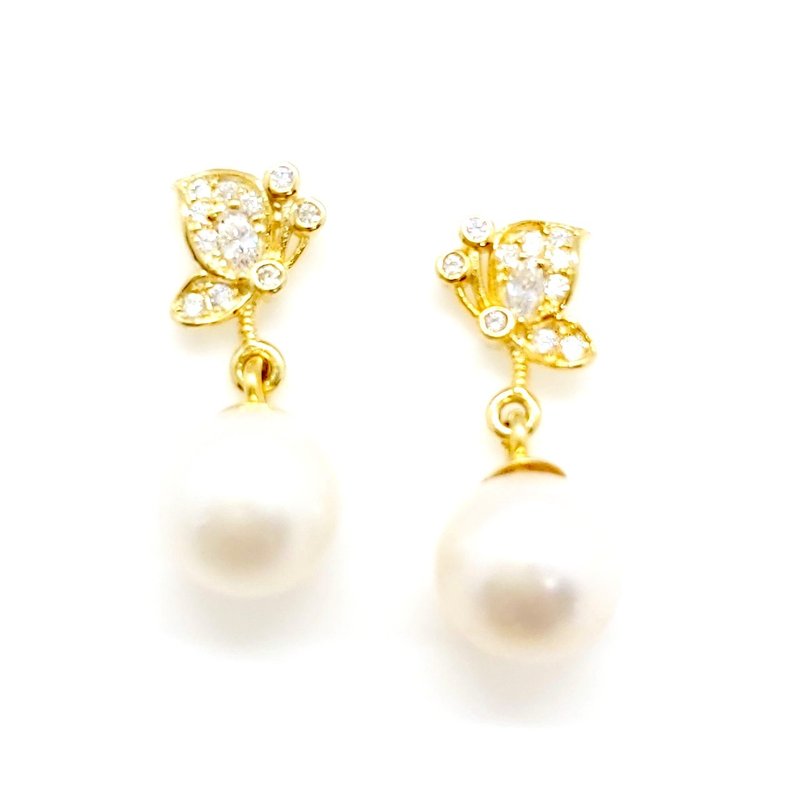 金钻蝴蝶淡水珍珠纯银耳环 - 耳环/耳夹 - 珍珠 