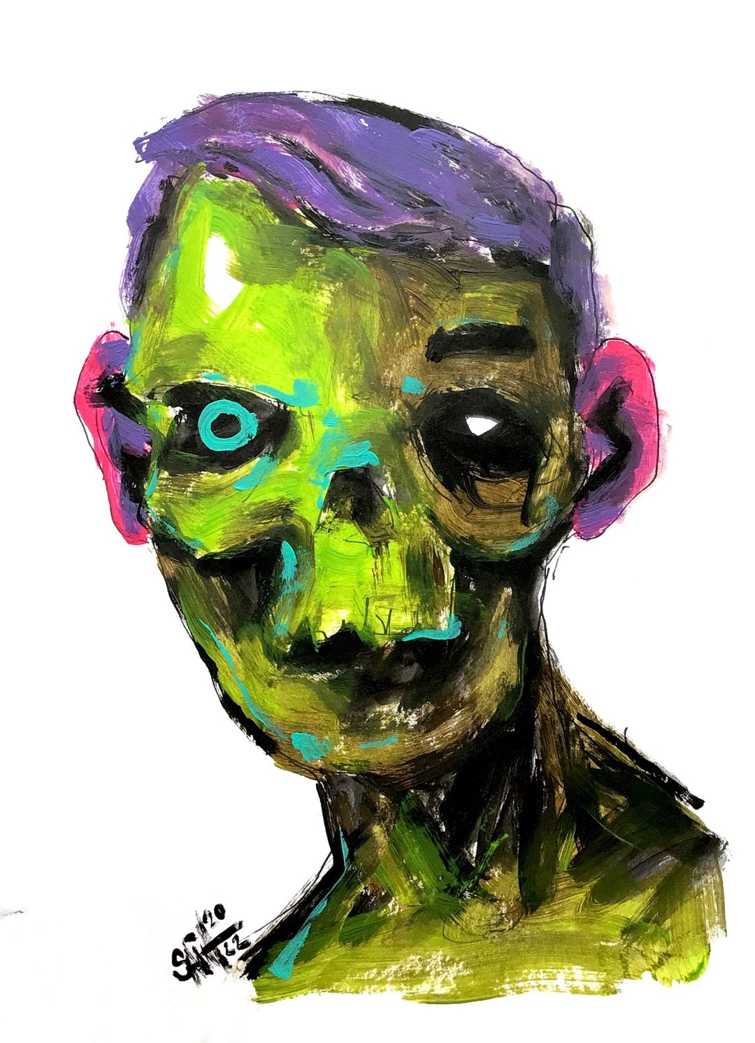 Zombie portrait painting original art, Mutant Horror. Acrylic, paper - 海报/装饰画/版画 - 纸 多色