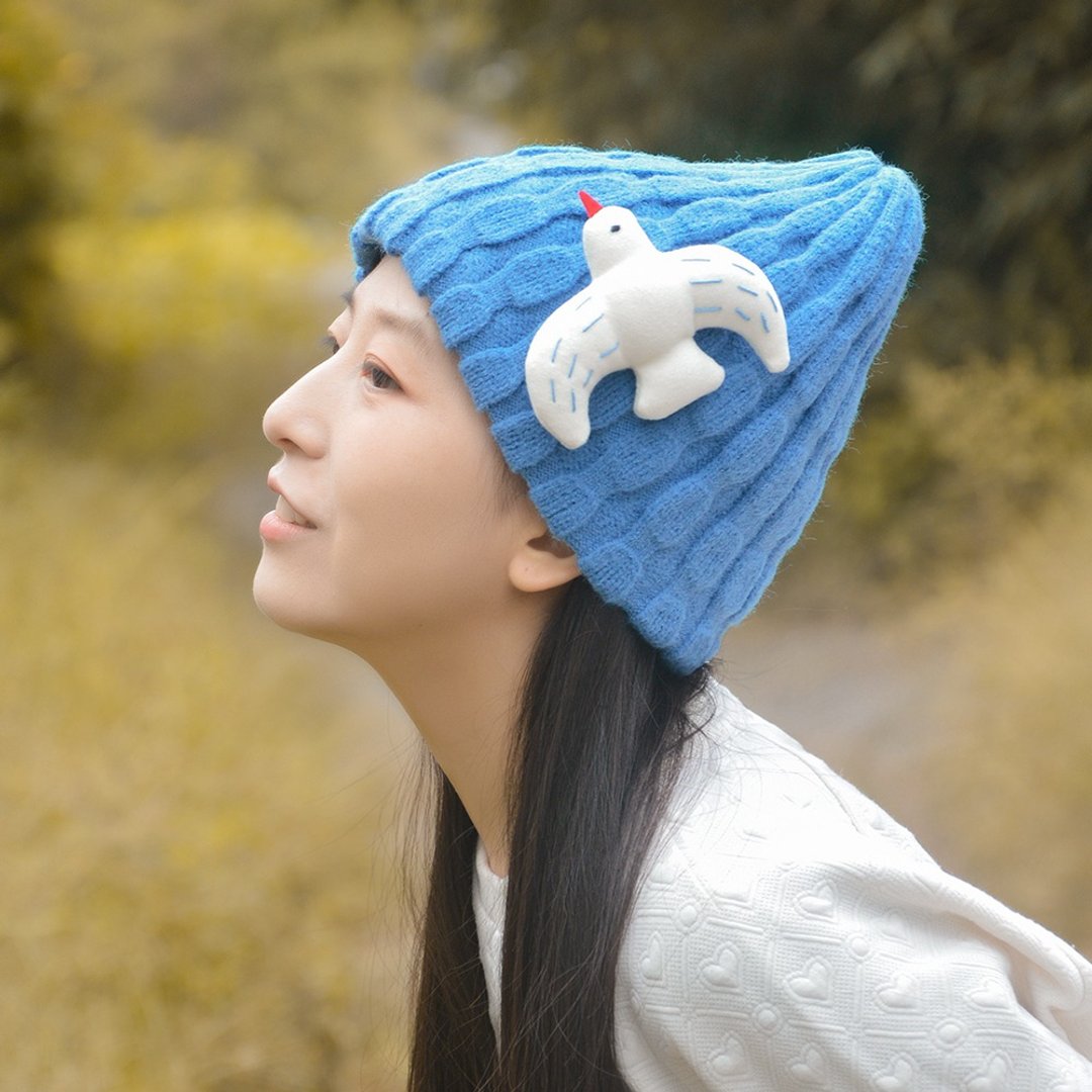 森系飞鸟针织毛线帽 - 帽子 - 棉．麻 蓝色