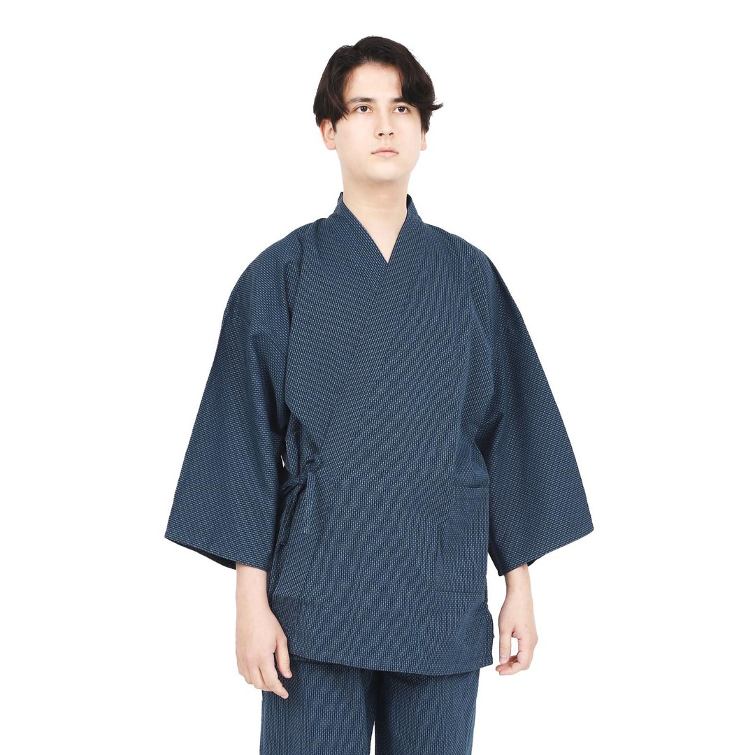 深蓝色 日 式刺し子风 作务衣 男装 100% 纯棉 和风休闲居家套装 - 居家服/睡衣 - 棉．麻 蓝色