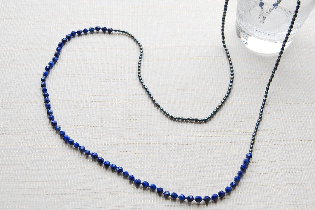 Lapis lazuli and blue long green pearl long necklace - 长链 - 宝石 蓝色