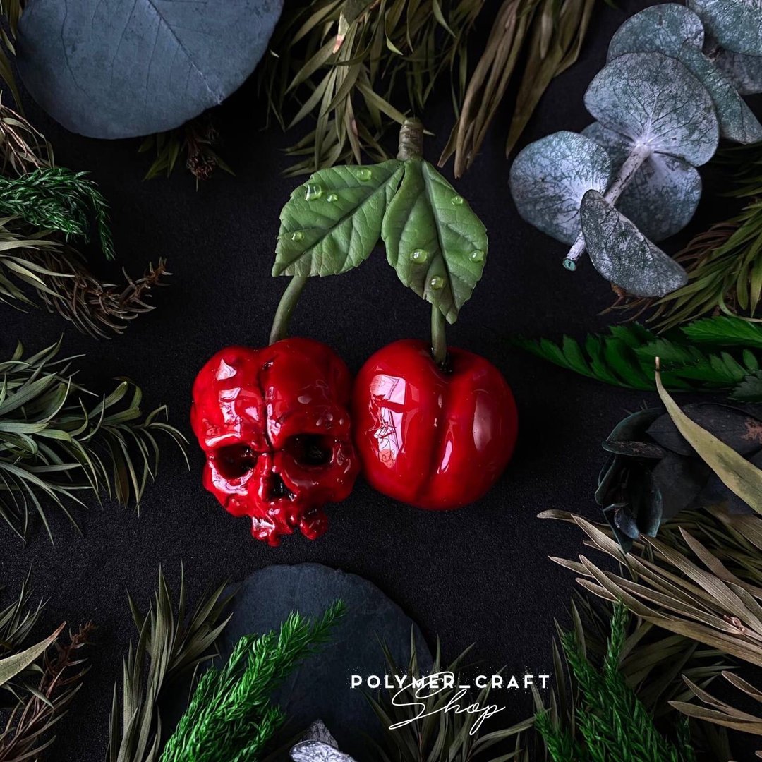 Bright cherry brooch with a skull, handmade pin, berry jewelry, brooch pin - 胸针 - 塑料 红色