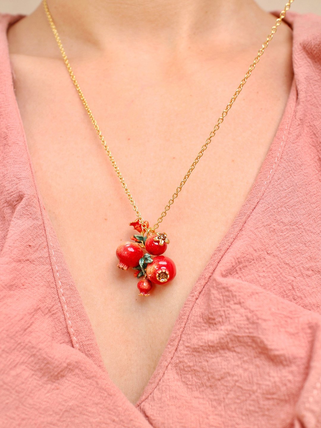Pomegranate Pendant Necklace, Statement Necklace, Handmade Enamel Necklace. - 项链 - 其他金属 红色