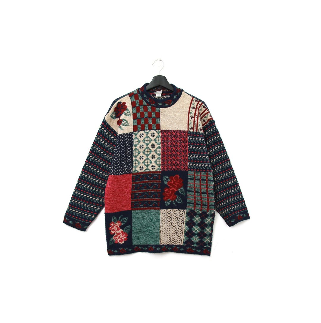 Back to Green-复古针织毛衣  玫瑰拼接 /vintage sweater - 女装针织衫/毛衣 - 聚酯纤维 