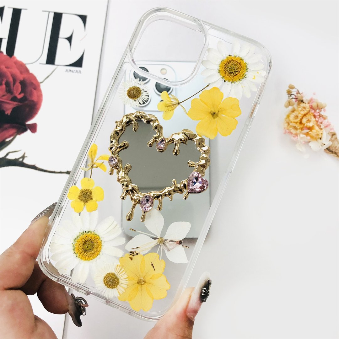 天然黄白花押花镜子手机壳 适用于iPhone 16 Samsung S25 Google - 手机壳/手机套 - 植物．花 