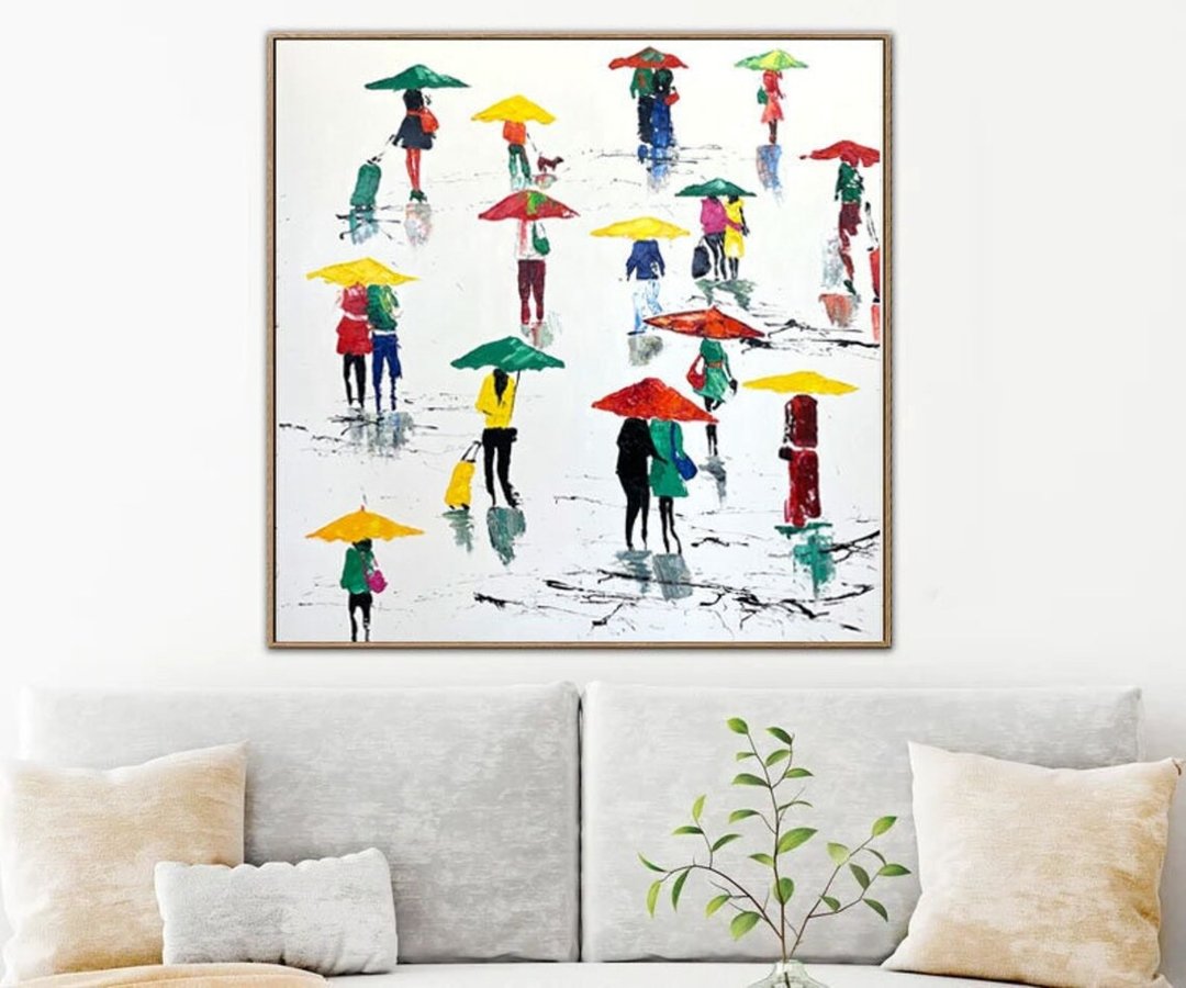 原创人与雨伞绘画在画布上抽像多彩油画 - 墙贴/壁贴 - 压克力 白色