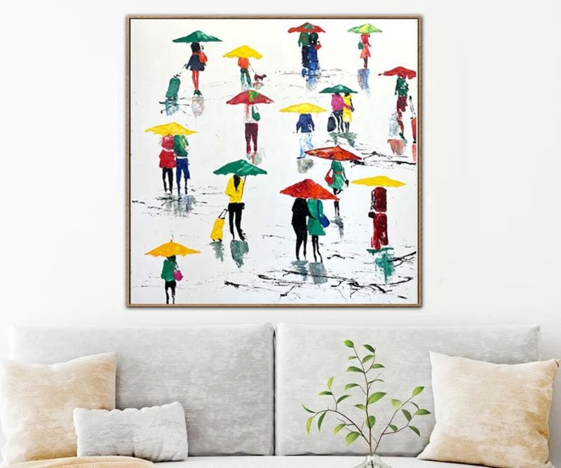 原创人与雨伞绘画在画布上抽像多彩油画 - 墙贴/壁贴 - 压克力 白色