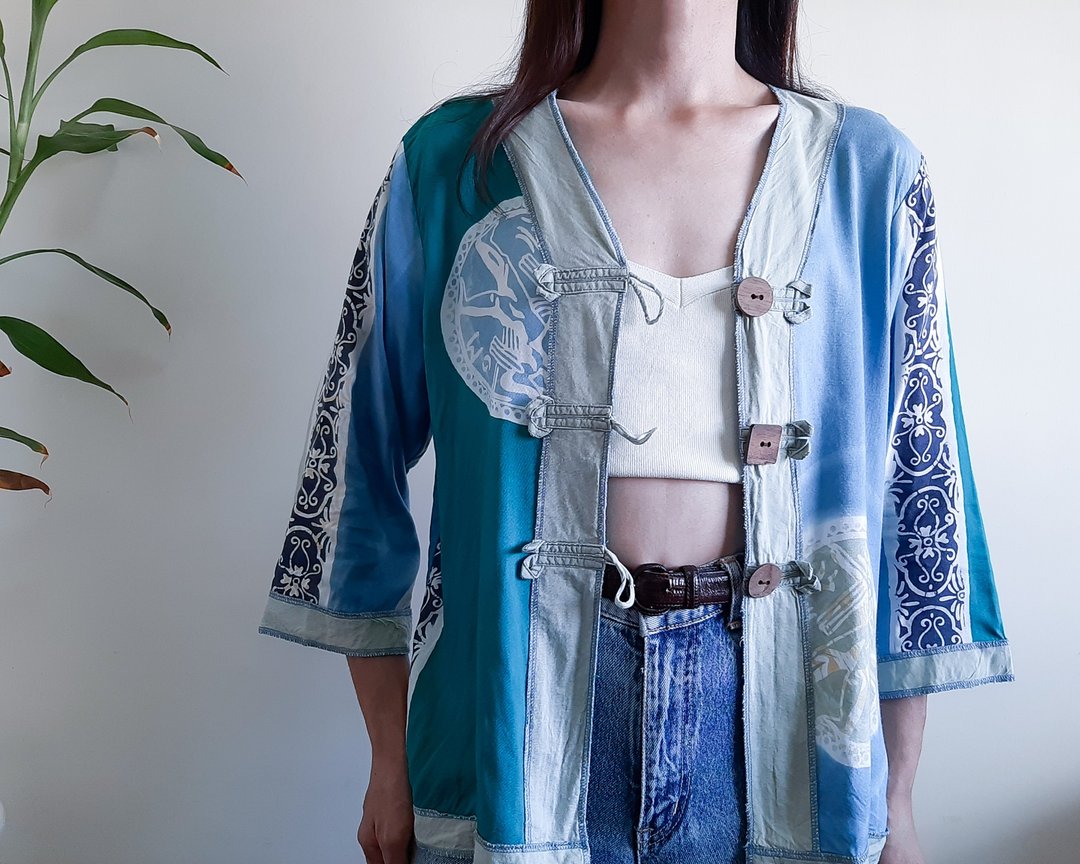 复古 Layon 手工印花衬衫夹克木扣束腰外衣 V 领上衣 M 码 - 女装休闲/机能外套 - 聚酯纤维 蓝色
