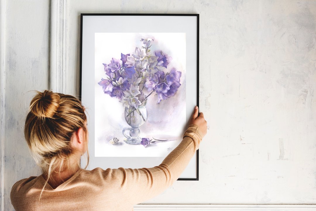 Bellflower hand painted watercolor, handmade paintings, home wall art decor - 墙贴/壁贴 - 纸 多色