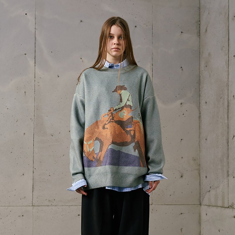 MOKACME 2022AW 西部牛仔复古满印保暖北极绒毛衣男女 - 男装针织衫/毛衣 - 聚酯纤维 绿色