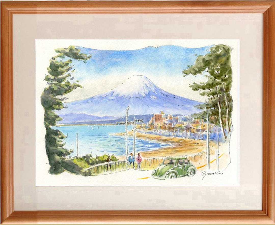 Original watercolor painting Mount Fuji and Inamuragasaki, Kamakura - 海报/装饰画/版画 - 纸 蓝色