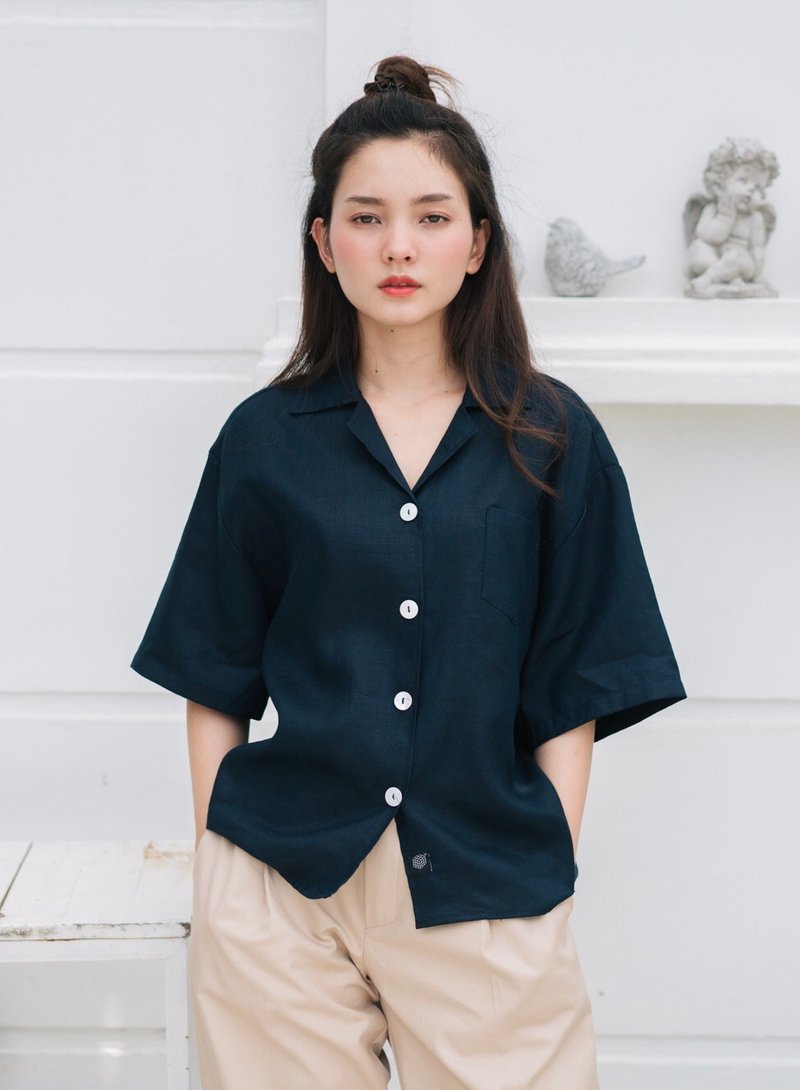 Aloha Navy Shirt - 女装衬衫 - 亚麻 蓝色