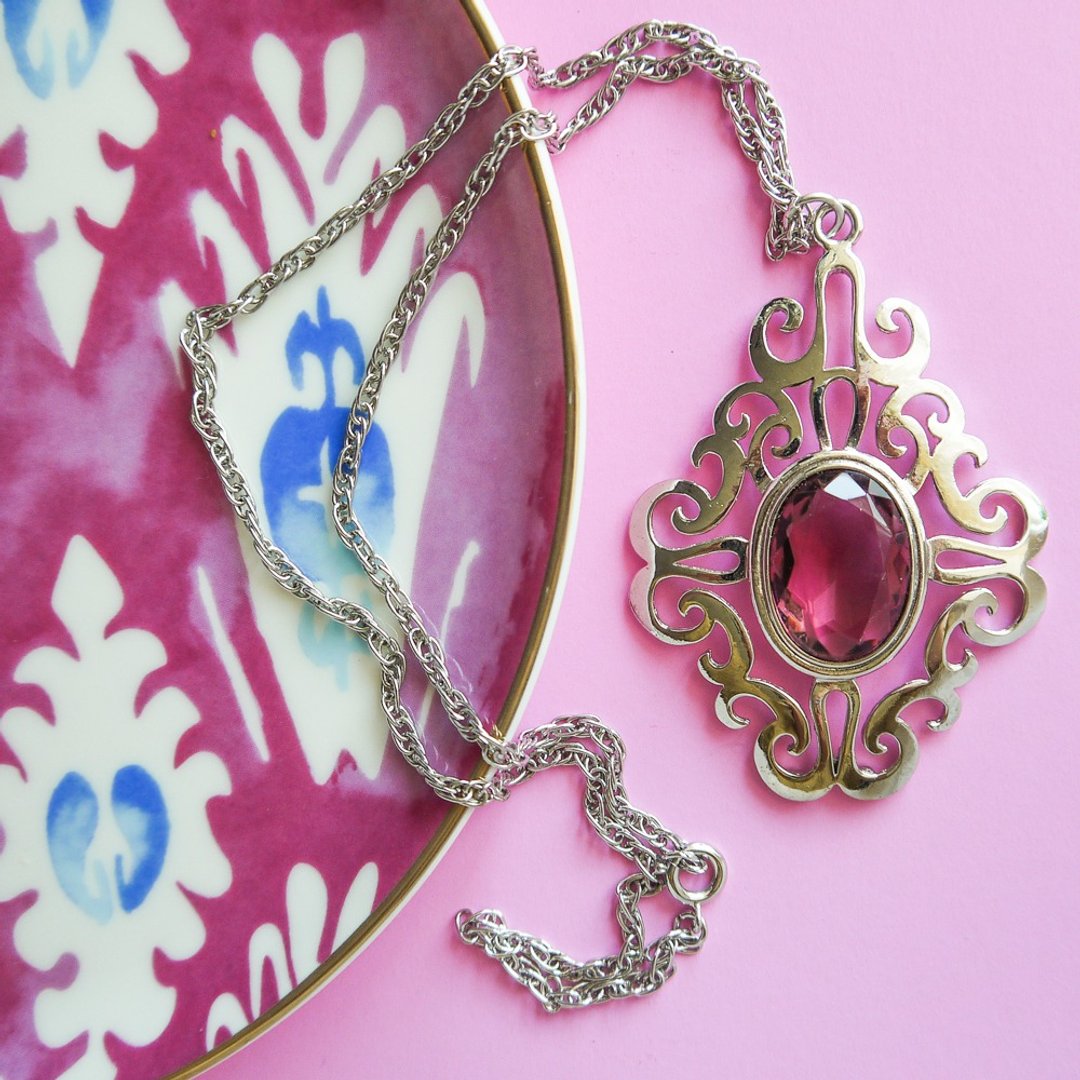 Vintage Sarah Coventry 1980 silver tone necklace with crystal amethyst tone - 项链 - 其他材质 银色