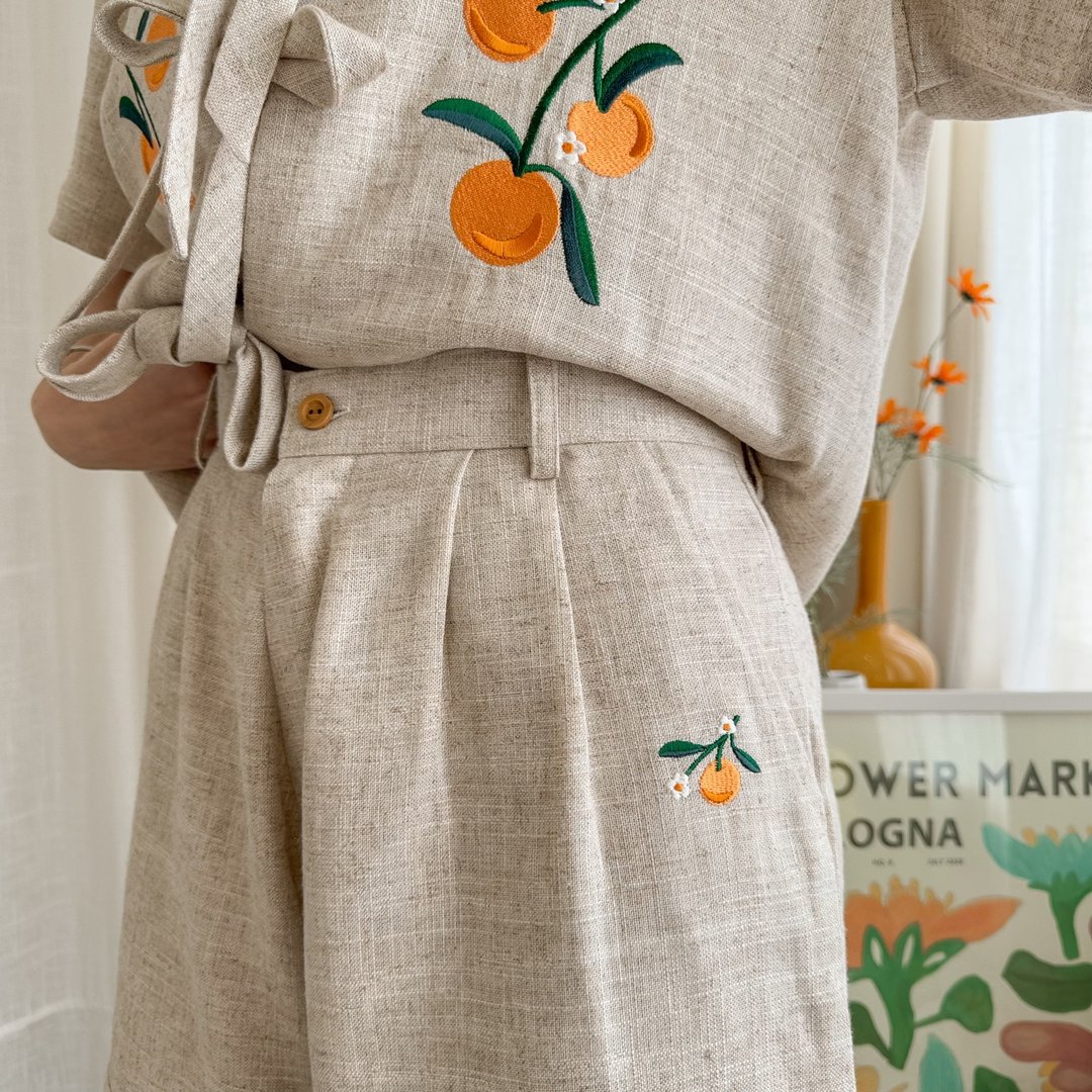 Ribbon Sun-kissed Top & Shorts : 原色 - 女装衬衫 - 棉 卡其色