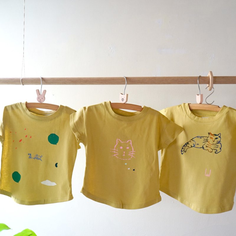 BABY&KIDS 丁丁小子、迷迷、小波  芥末亮黄色夏日手工印花短袖纯 - 童装上衣 - 棉．麻 黄色