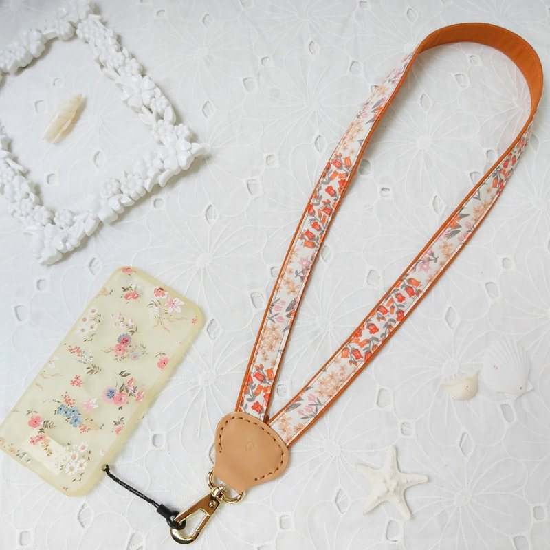 橘色系Y型减压双色花布真皮手机颈挂绳 - 挂绳/吊绳 - 棉．麻 橘色
