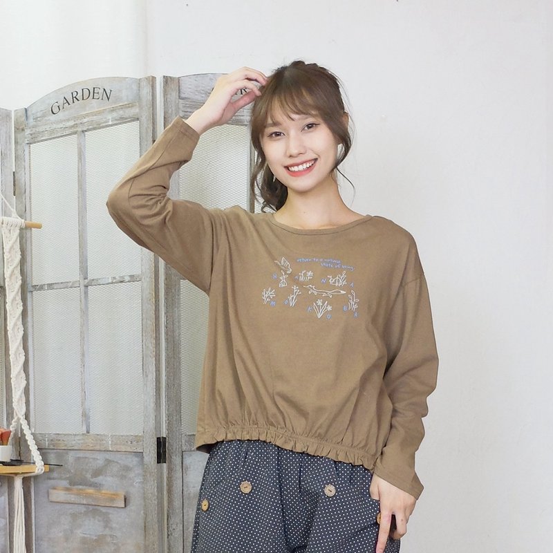 Hana Mokuba 宽松圆领趣味印花半圈松紧收口T恤 - 女装 T 恤 - 其他材质 