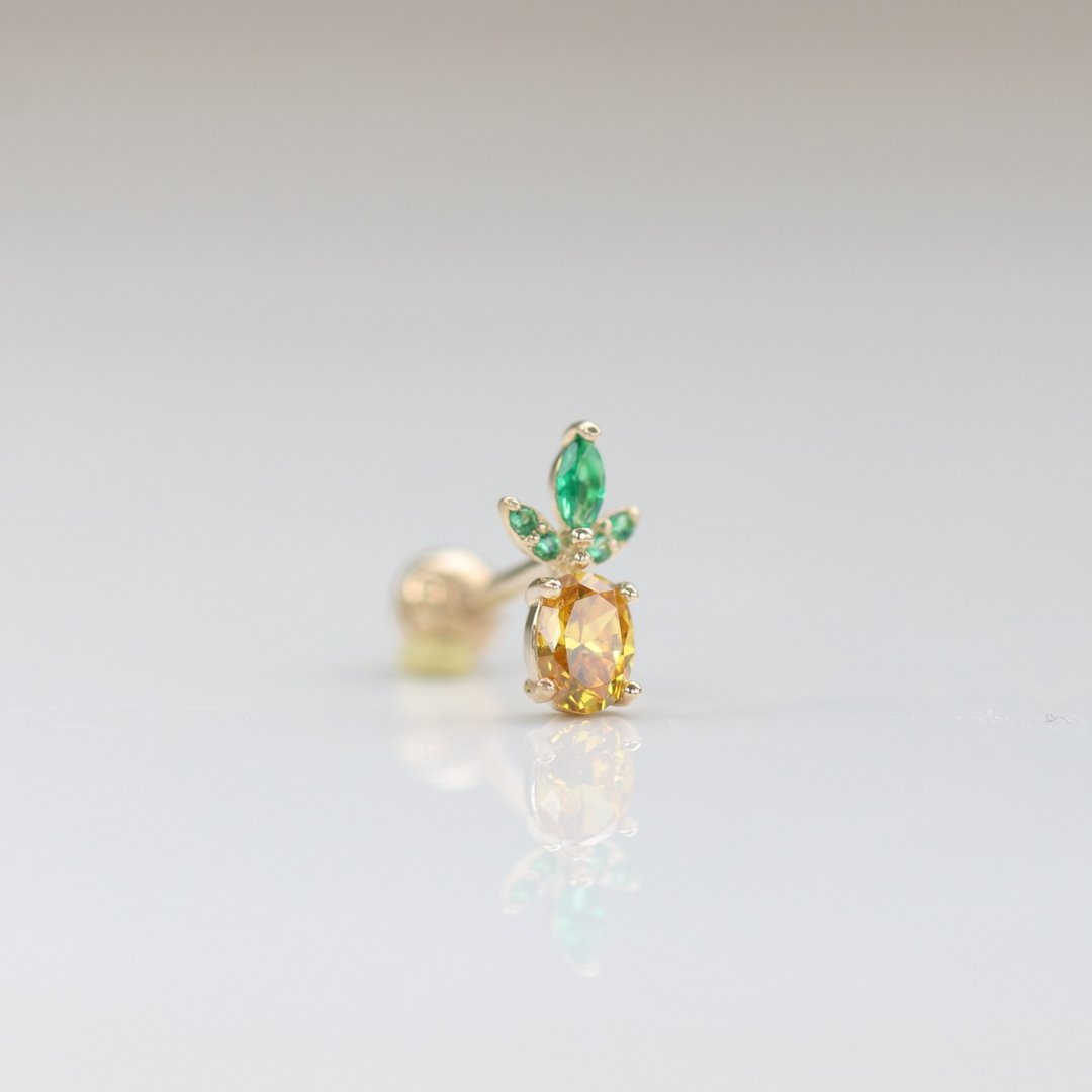 14K 金凤梨锁珠耳环(单个)耳骨 耳窝 不退色 - 耳环/耳夹 - 贵金属 金色