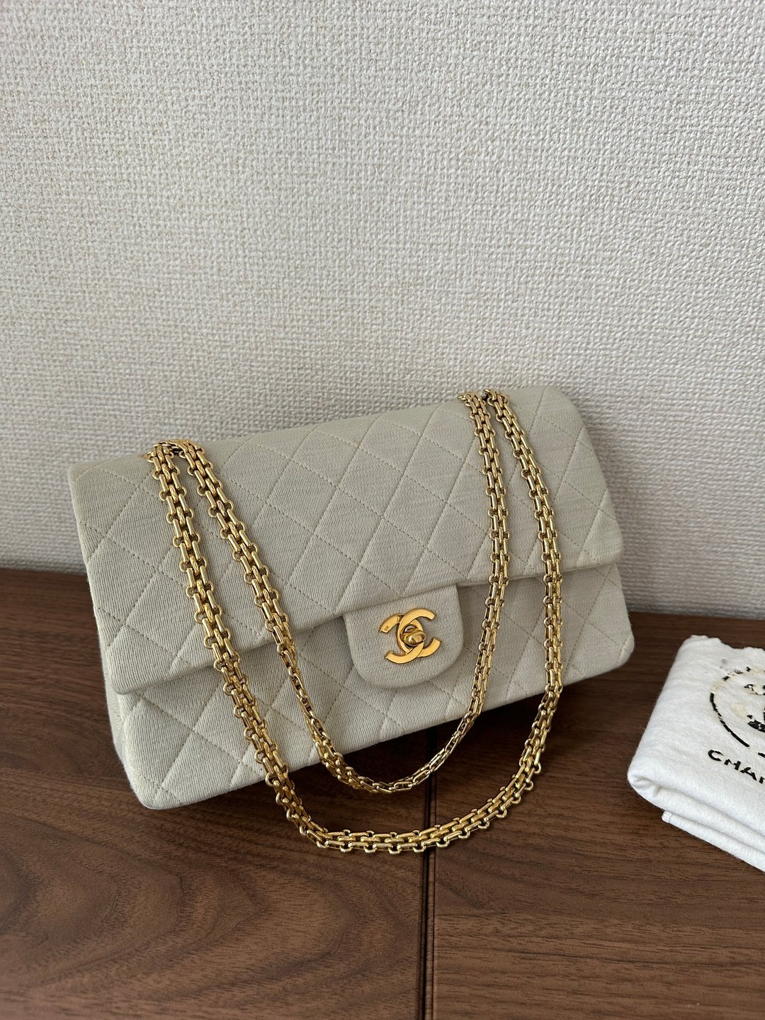 中古包 CHANEL 香奈儿 奶白色布料Classic Double Flap 25 - 手提包/手提袋 - 棉 白色