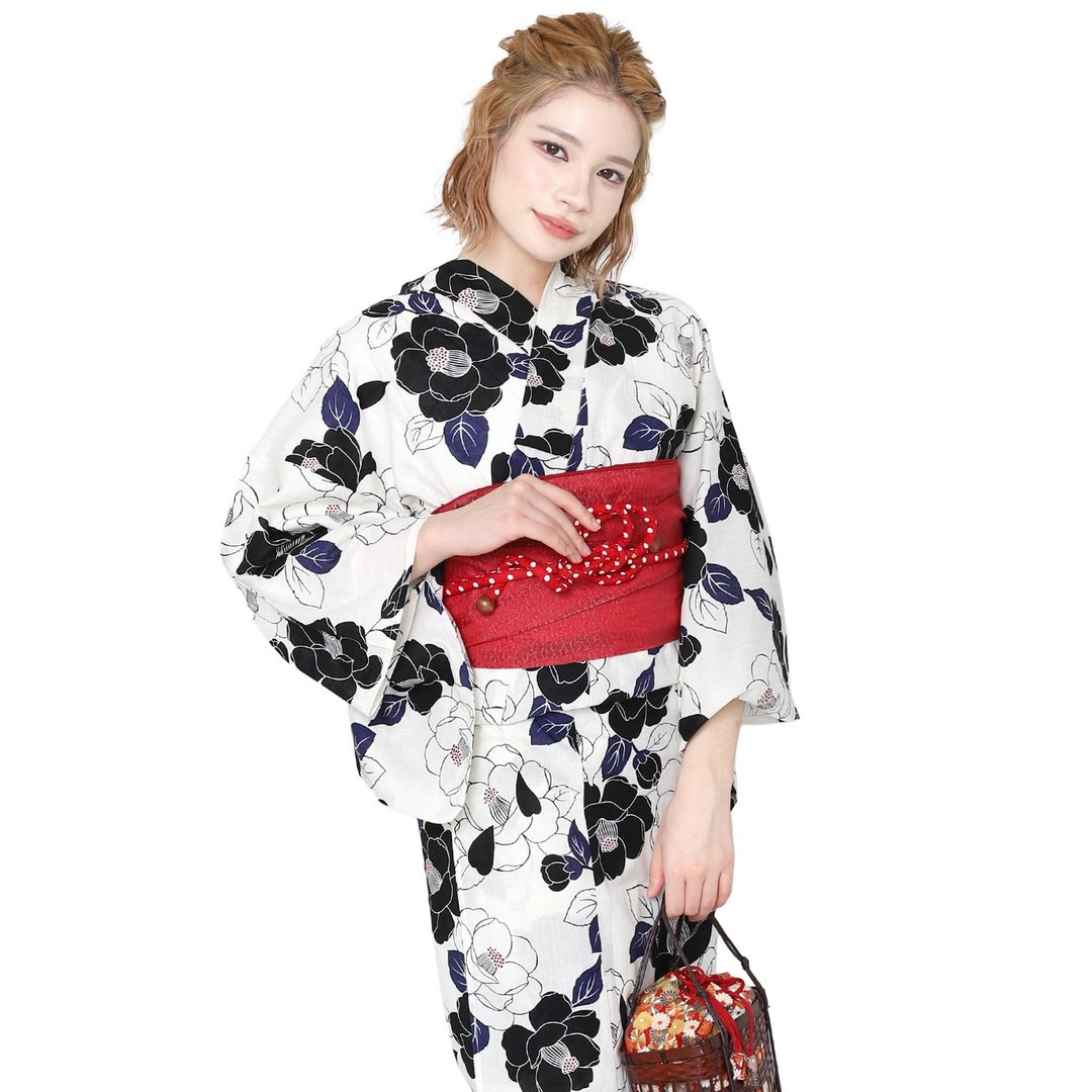 日本 和服 女性 两件式 浴衣 腰封 套组 F size x23h-11 - 其他 - 棉 黑色