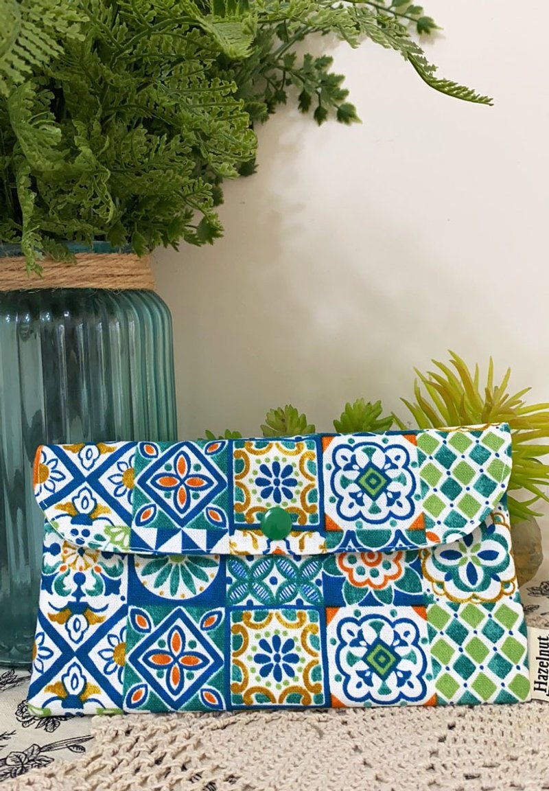 北欧花瓷砖绿色图案双层小收纳袋小卡片包多功能小包零钱包 - 皮夹/钱包 - 棉．麻 绿色