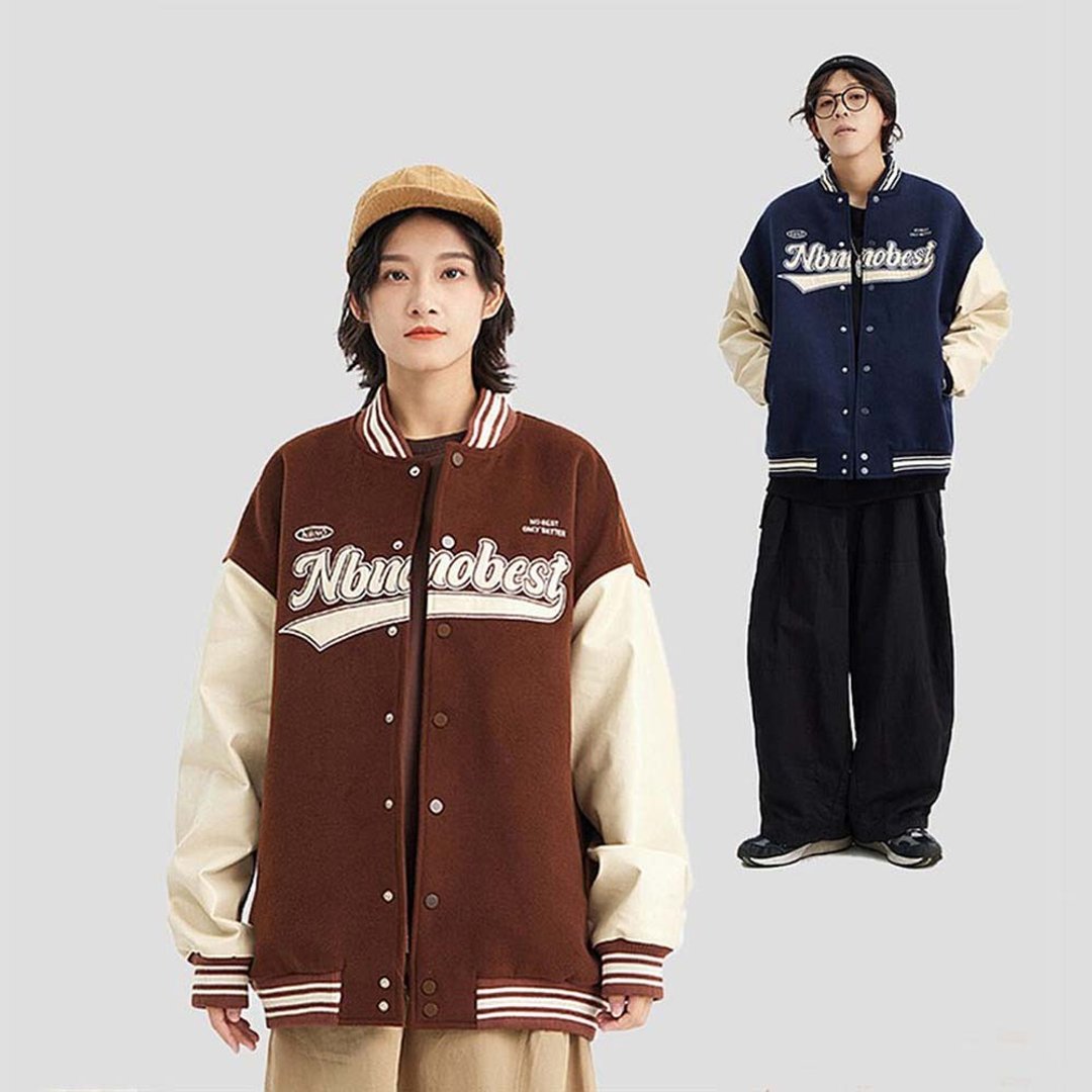 男女拼接撞色棒球服情侣夹克外套 - 男装外套 - 棉 咖啡色