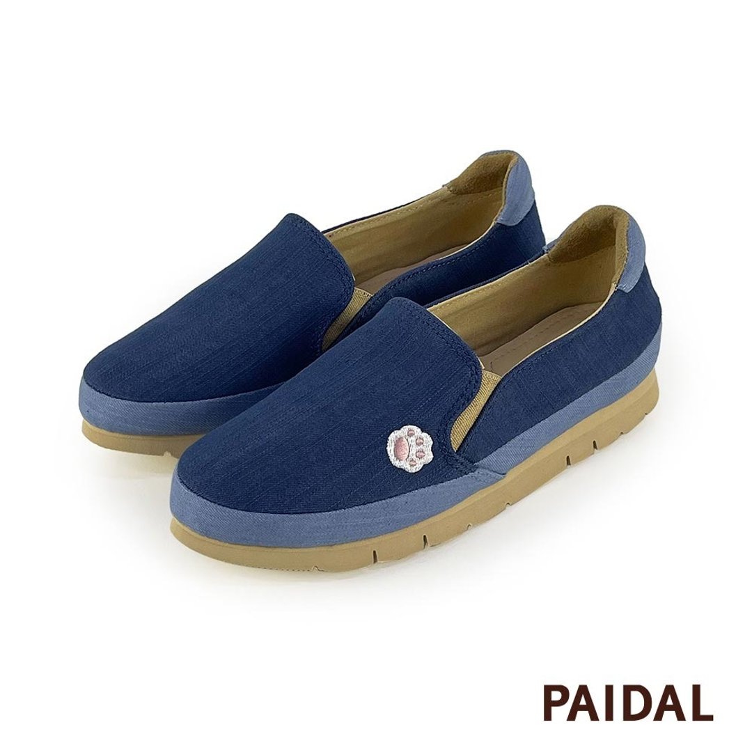 Paidal 喵掌拼接不弯腰微厚底休闲乐福鞋懒人鞋 - 深蓝 - 女款休闲鞋 - 棉 蓝色