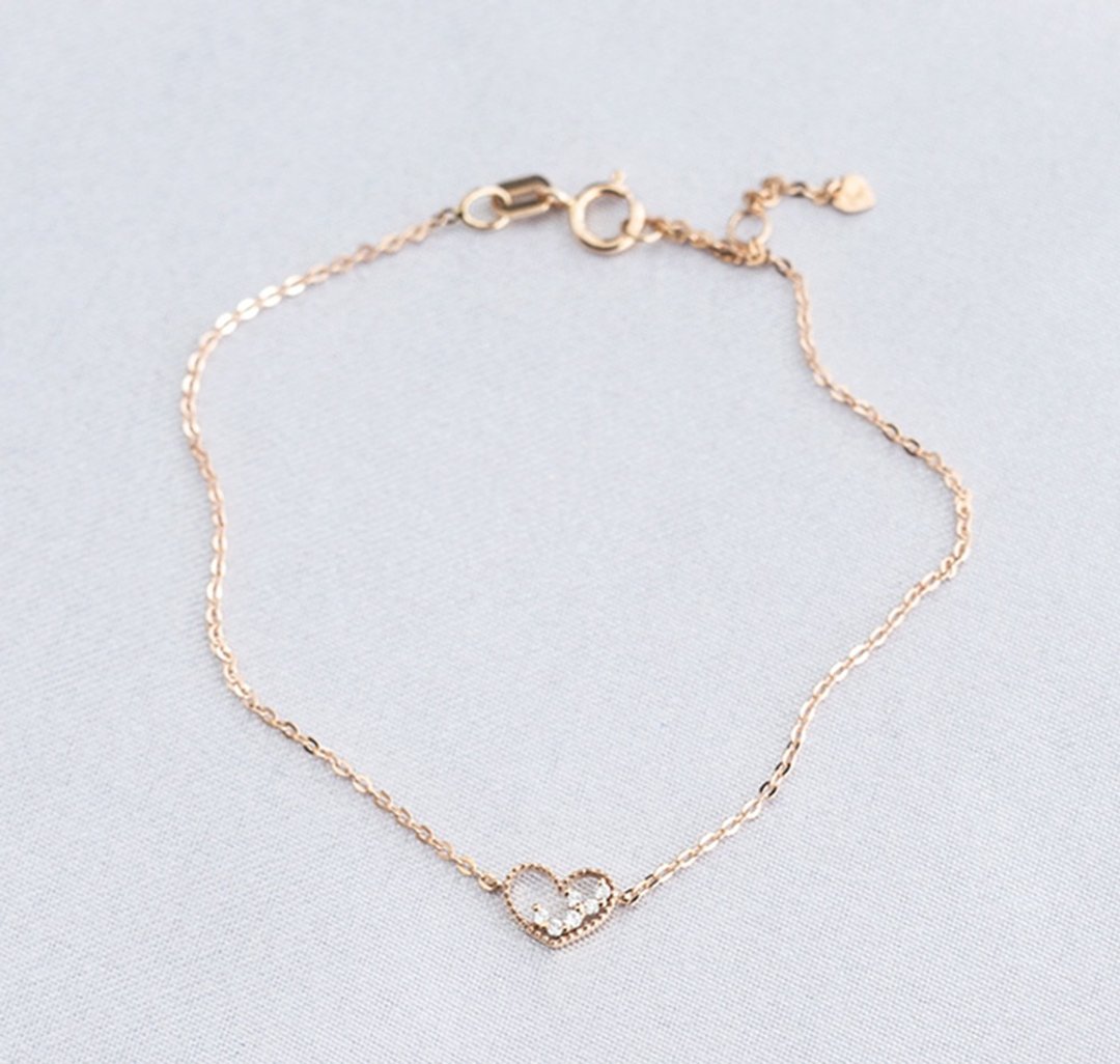 【茉莉亚缇 Moriarty Jewelry】14K 玫瑰金 缕空爱心 小钻手链 - 手链/手环 - 钻石 