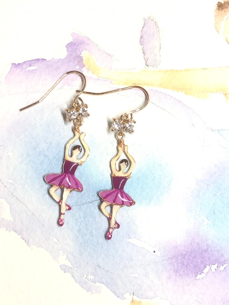 14kgf 优雅芭蕾舞者耳环/紫 - 耳环/耳夹 - 其他金属 紫色