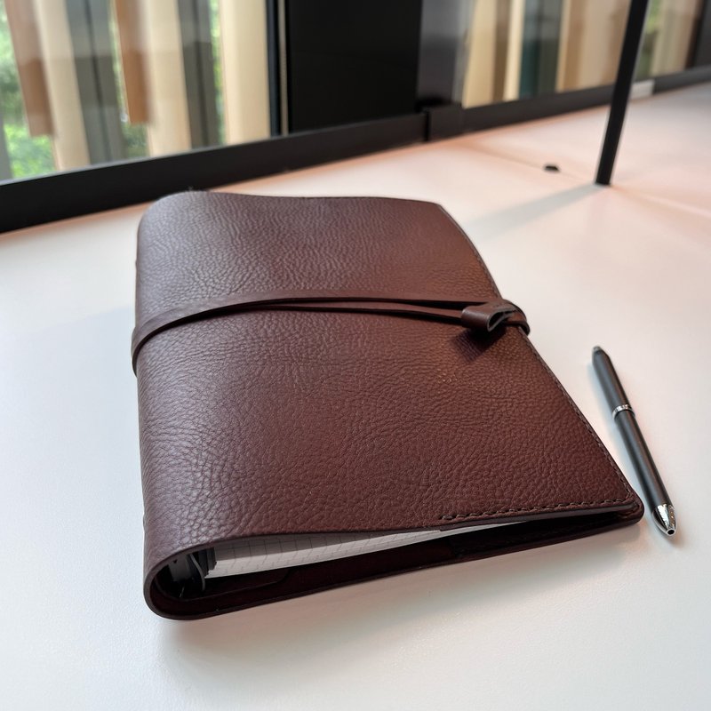 艾曼纽 A5 六孔活页皮革笔记本/书衣/手帐/手工皮革 - Espresso - 笔记本/手帐 - 真皮 咖啡色