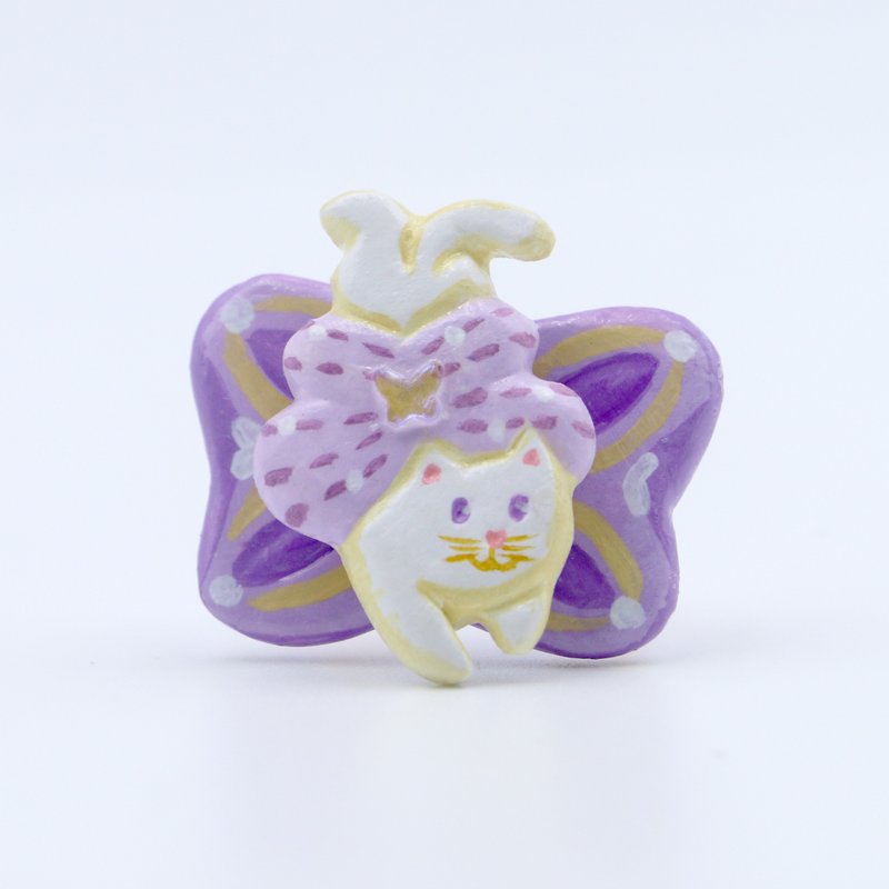 【白猫天使降临】梦幻紫色蝴蝶结猫咪天使原创手作旋转戒指 - 戒指 - 粘土 紫色