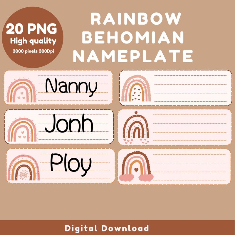 极简主义彩虹贝霍米安教室标志和学生课桌标志，可编辑。 - 图文模板设计 - 其他材质 