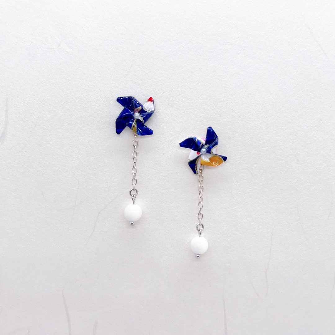 Chearrings | 日本和纸 手工折纸 风车耳环 | 款式 W003 | 两戴 - 耳环/耳夹 - 纸 蓝色