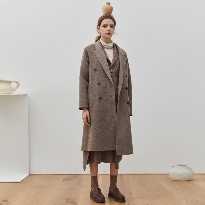咖啡色 羊毛呢料人字纹双排扣双面大衣 长款复古学生妹莫兰迪外套 - 女装休闲/机能外套 - 羊毛 卡其色