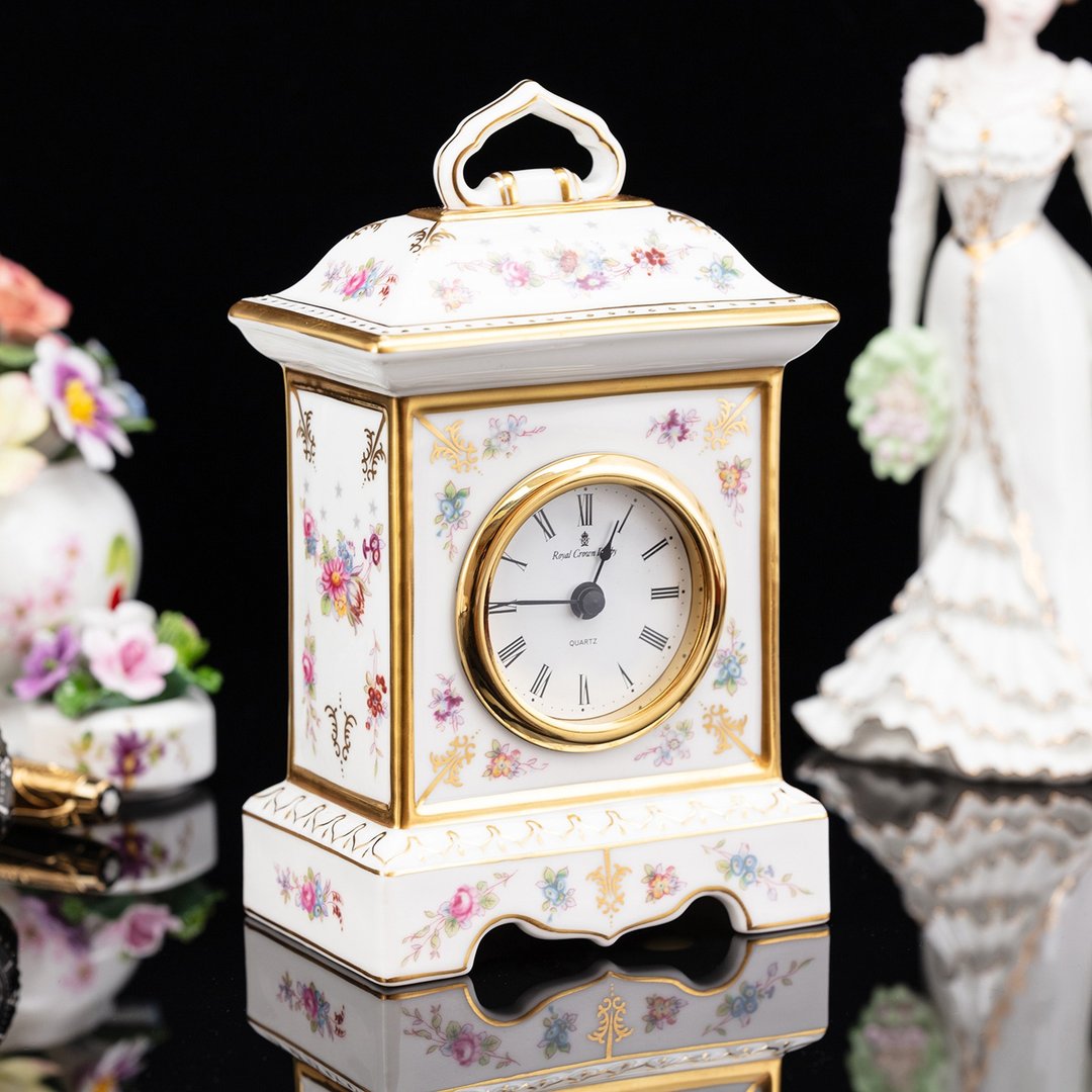 Royal Crown Derby 骨瓷桌钟 英国制手绘花卉鎏金古典宫廷风格座钟 - 时钟/闹钟 - 瓷 
