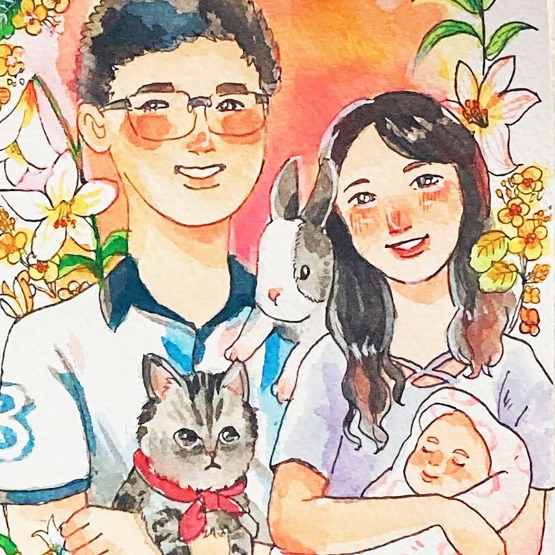 【宠物插画】毛孩的温柔记忆-水彩客製插画/猫狗全家福/毛小孩 - 订制画像 - 纸 多色