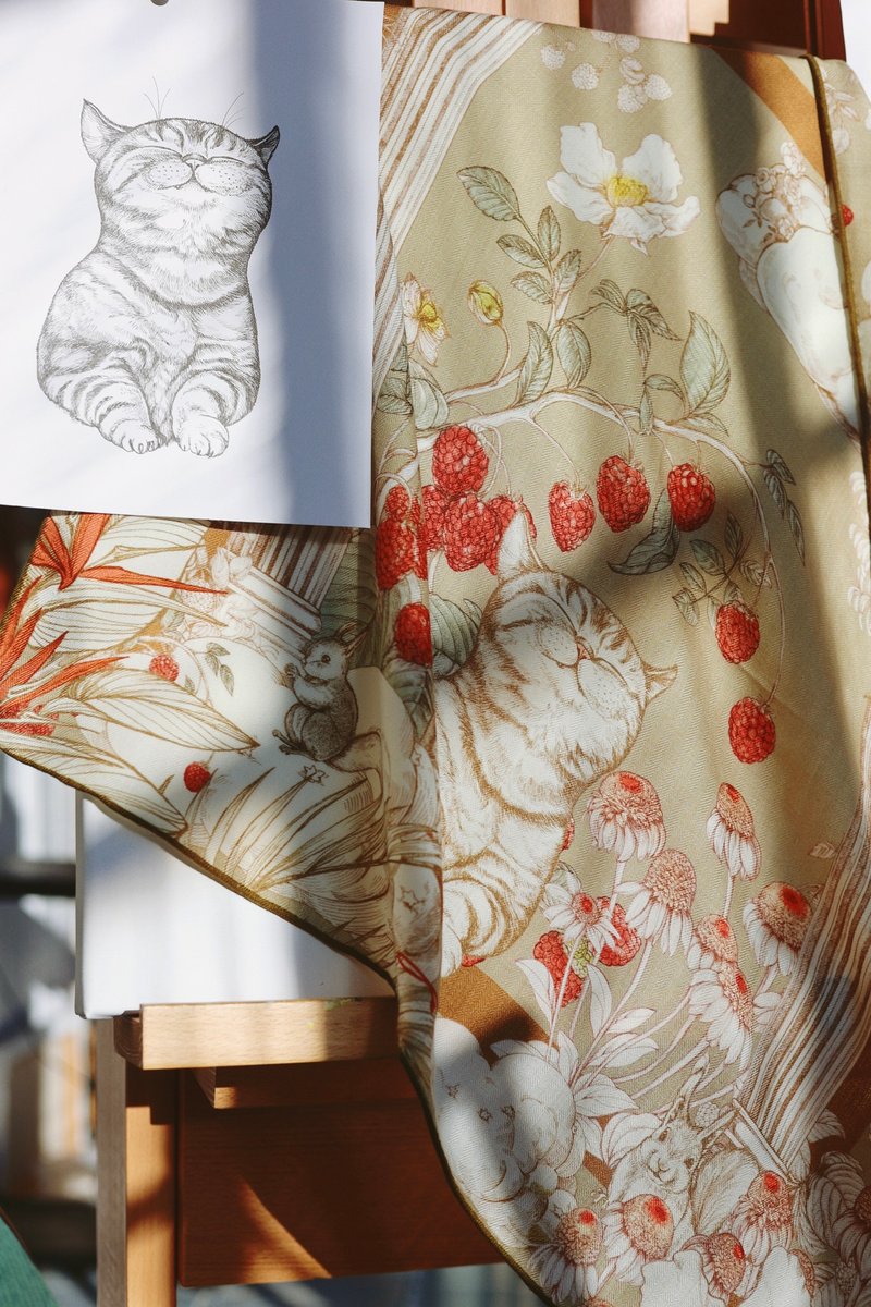 原创设计之我的花园羊毛真丝小方巾 - 围巾/披肩 - 羊毛 卡其色