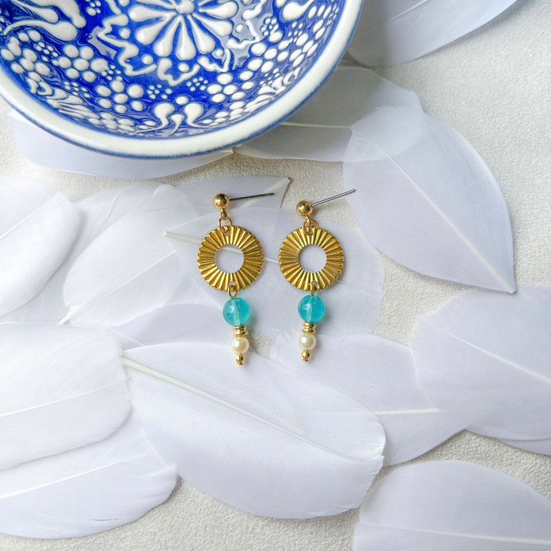 旅行系列-天河石-光芒的圆-半宝石黄铜耳环 - 耳环/耳夹 - 贵金属 蓝色